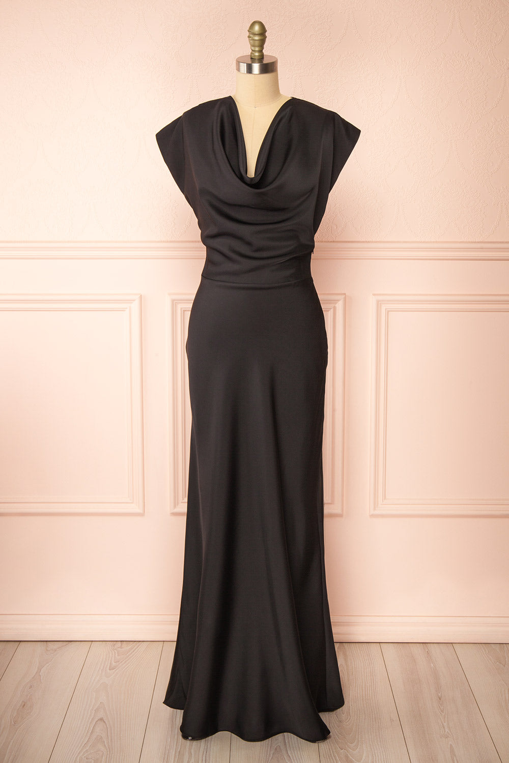 Korpa Black Satin Maxi Dress w/ Cowl Neck | Boutique 1861 front view