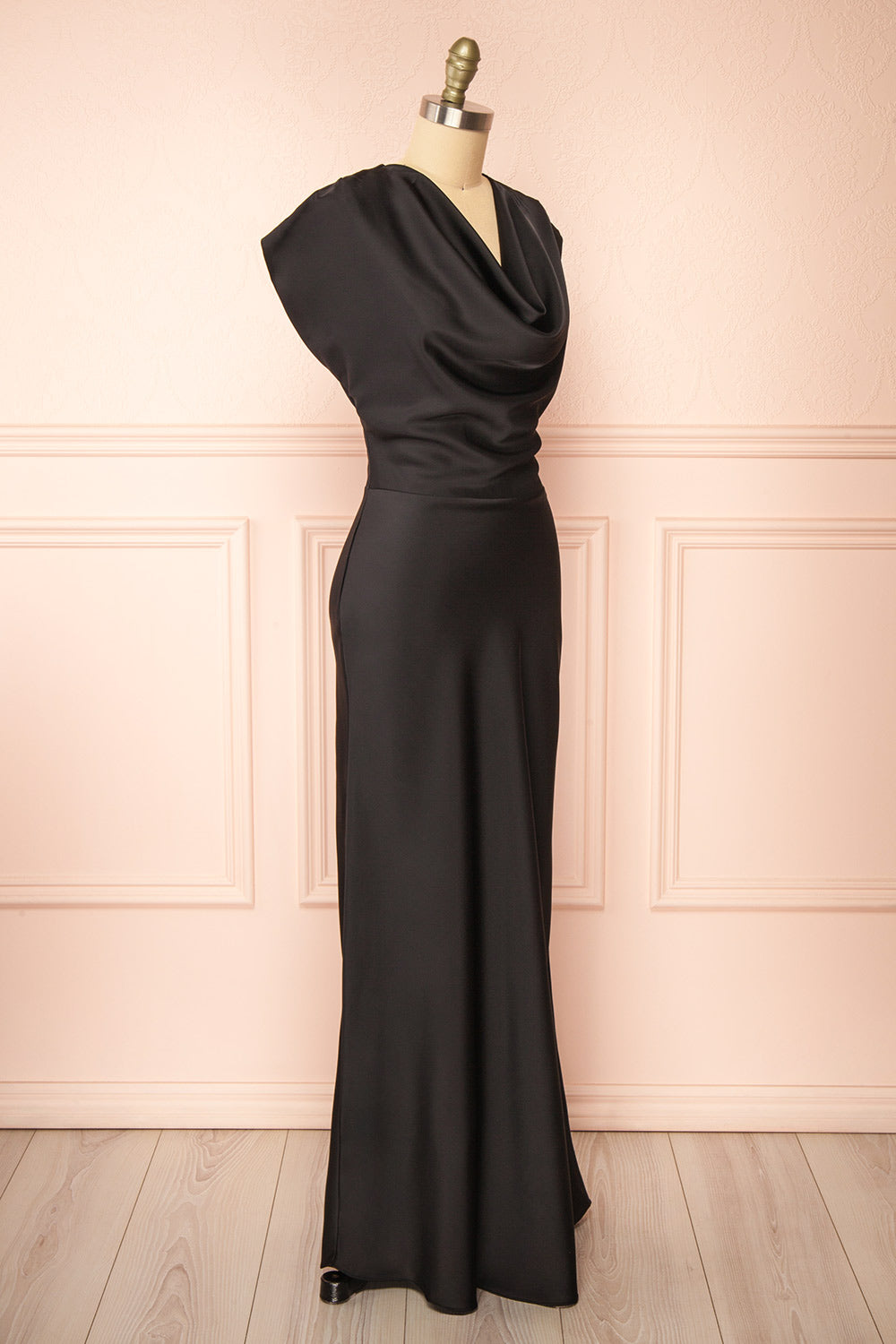 Korpa Black Satin Maxi Dress w/ Cowl Neck | Boutique 1861  side view