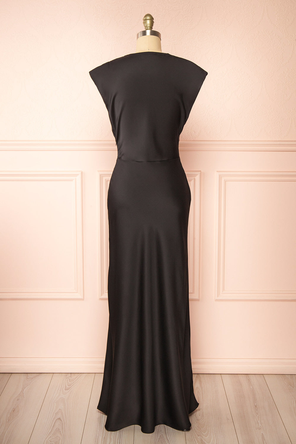 Korpa Black Satin Maxi Dress w/ Cowl Neck | Boutique 1861 back view