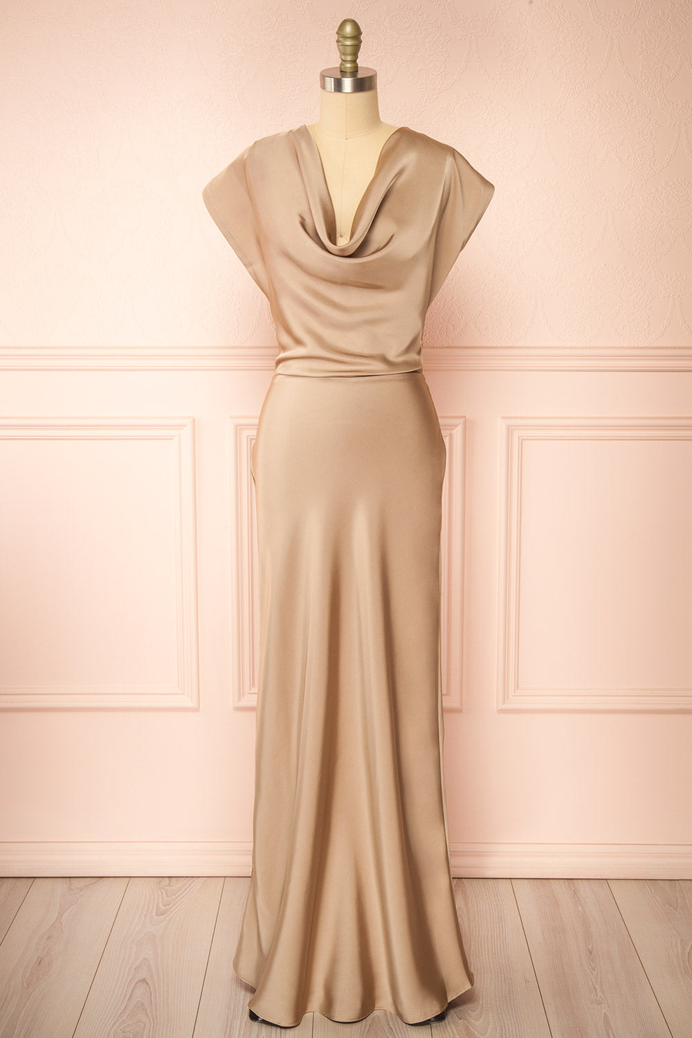 Korpa Champagne Satin Maxi Dress w/ Cowl Neck | Boutique 1861 front view