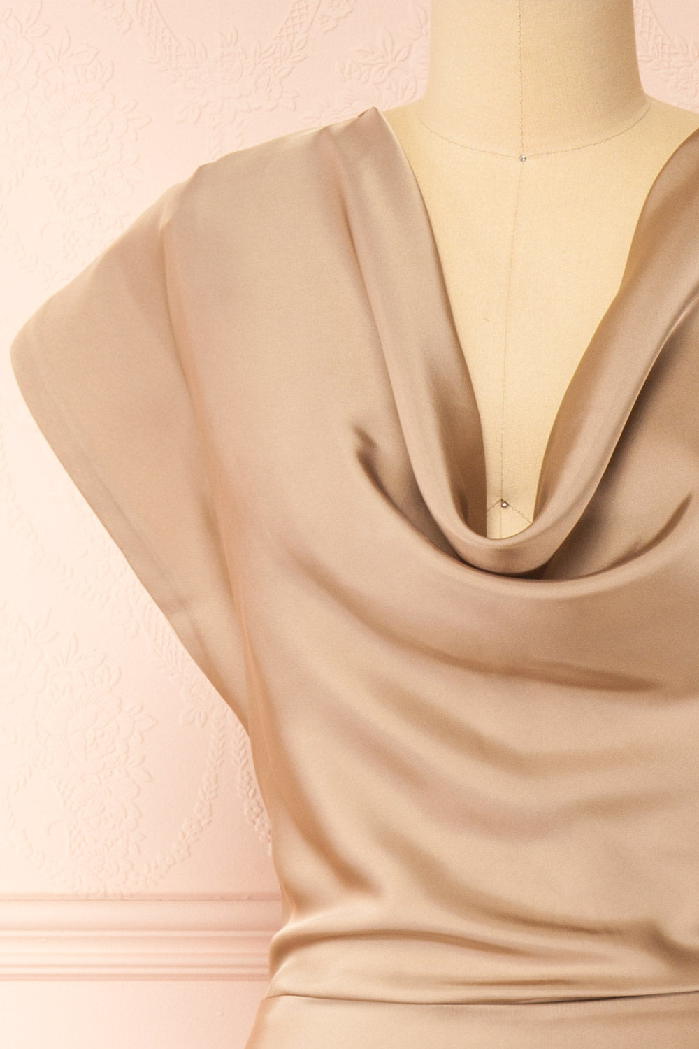 Korpa Champagne Satin Maxi Dress w/ Cowl Neck | Boutique 1861  front