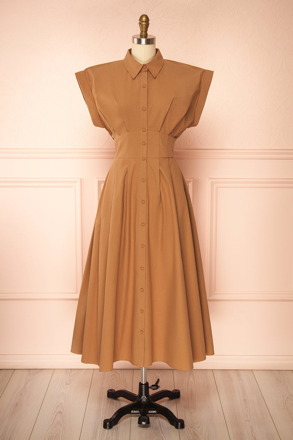Kortney Caramel Midi Button-Down Dress with Pockets | Boutique 1861 front view