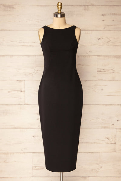 Kovna Black | Fitted Midi Dress w/ Open Back