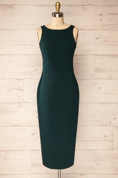 Kovna Green Fitted Midi Dress w/ Open Back | La petite garçonne front view