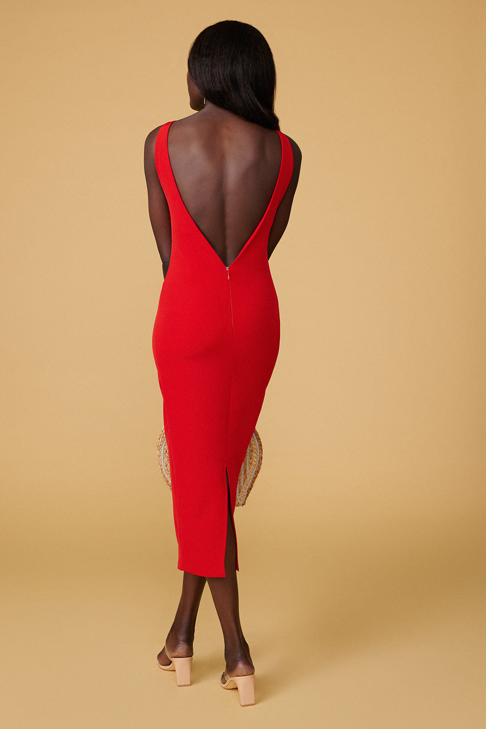 Kovna Red Fitted Midi Dress w/ Open Back | La petite garçonne back on model