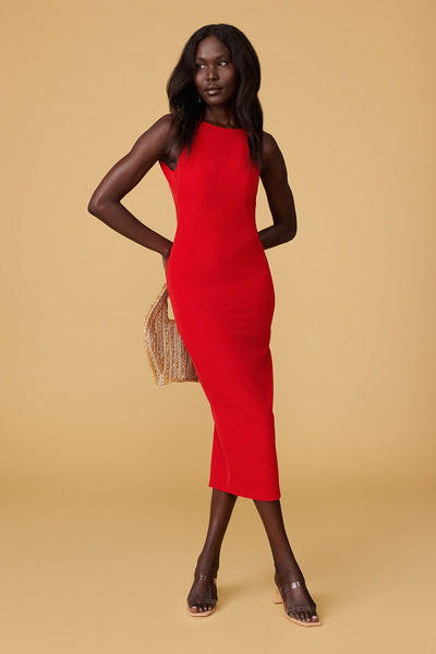 Kovna Red Fitted Midi Dress w/ Open Back | La petite garçonne on model