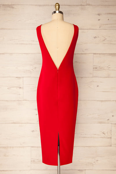 Kovna Red Fitted Midi Dress w/ Open Back | La petite garçonne back view