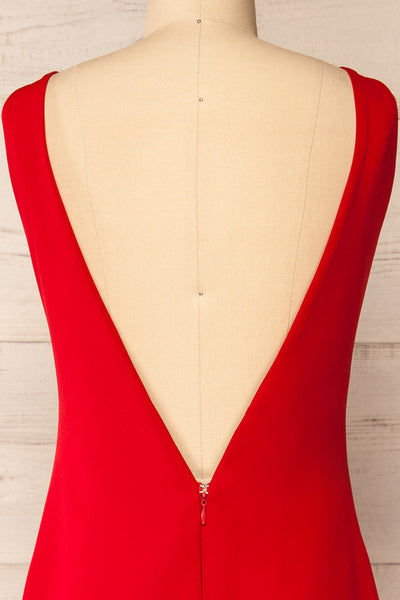 Kovna Red Fitted Midi Dress w/ Open Back | La petite garçonne back close-up