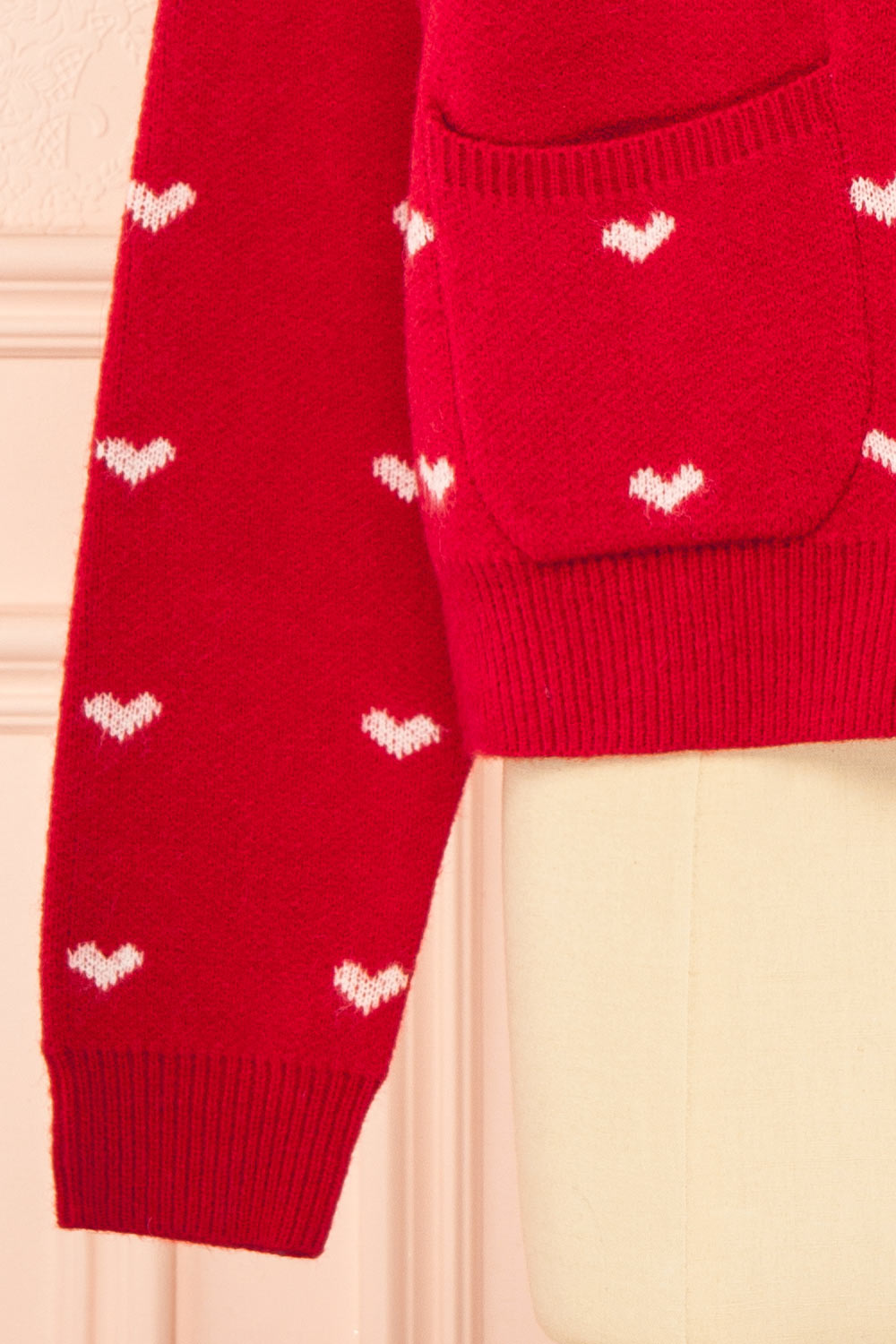 Kristeen Red Knit Cardigan with Heart Pattern | Boutique 1861 sleeve