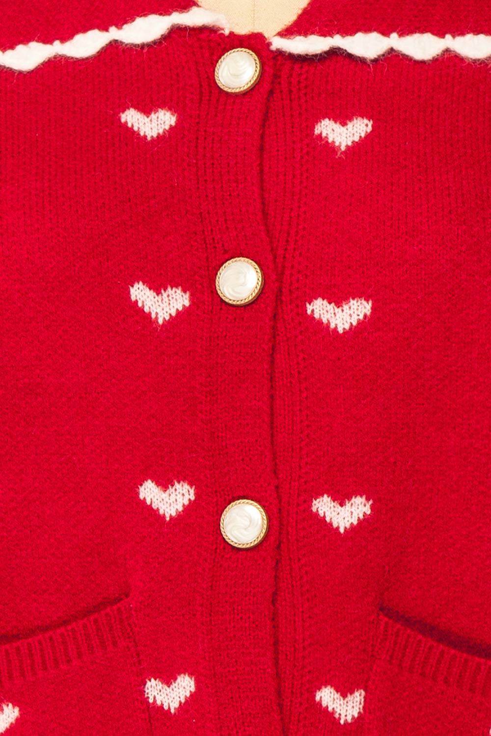 Kristeen Red Knit Cardigan with Heart Pattern | Boutique 1861 fabric 
