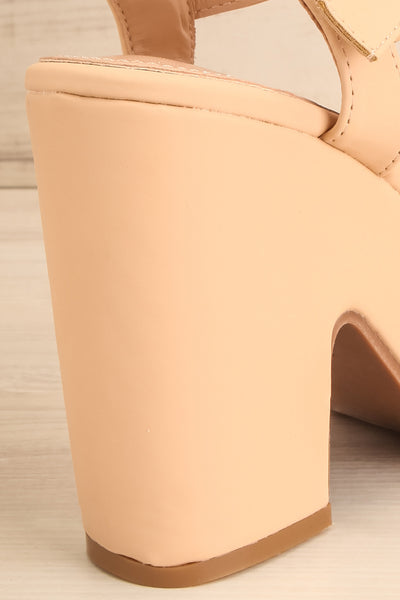 Kristy Beige Chunky Heeled Platform Sandals | La petite garçonne back close-up