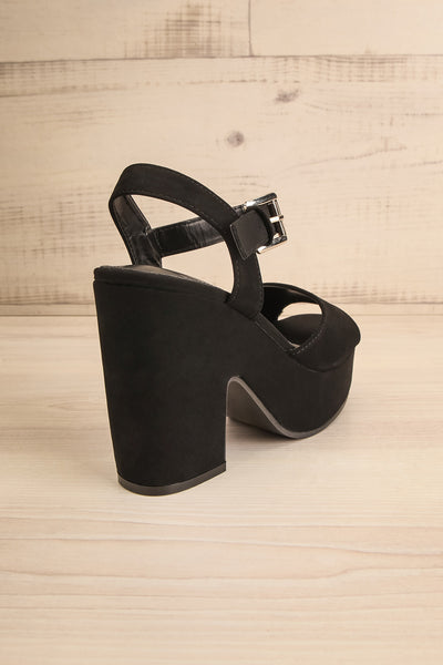 Kristy Black Chunky Heeled Platform Suede Sandals | La petite garçonne back view