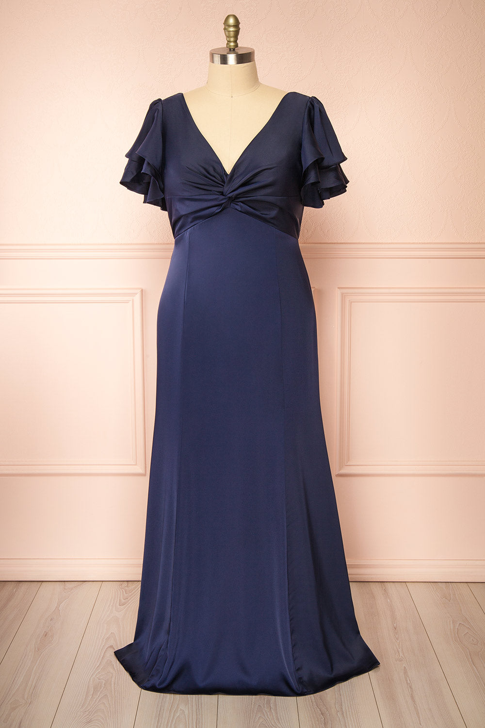 Kyana V-Neck Navy Satin Maxi Dress | Boutique 1861 front plus size