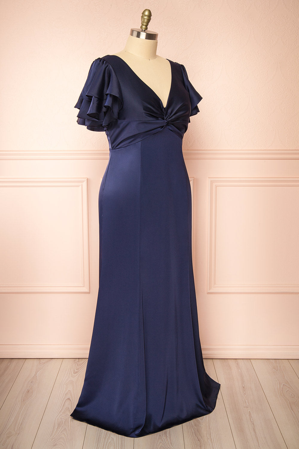 Kyana V-Neck Navy Satin Maxi Dress | Boutique 1861 side plus size