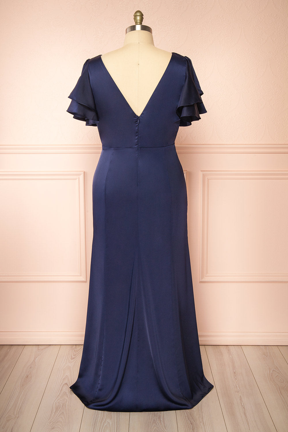 Kyana V-Neck Navy Satin Maxi Dress | Boutique 1861 back plus size