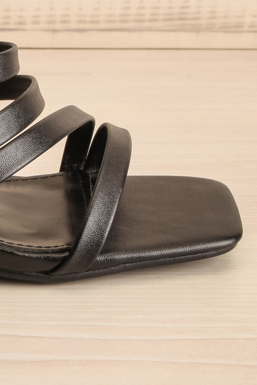 Kyle Strappy Black Mid Heel Sandals | La petite garçonne side front close-up