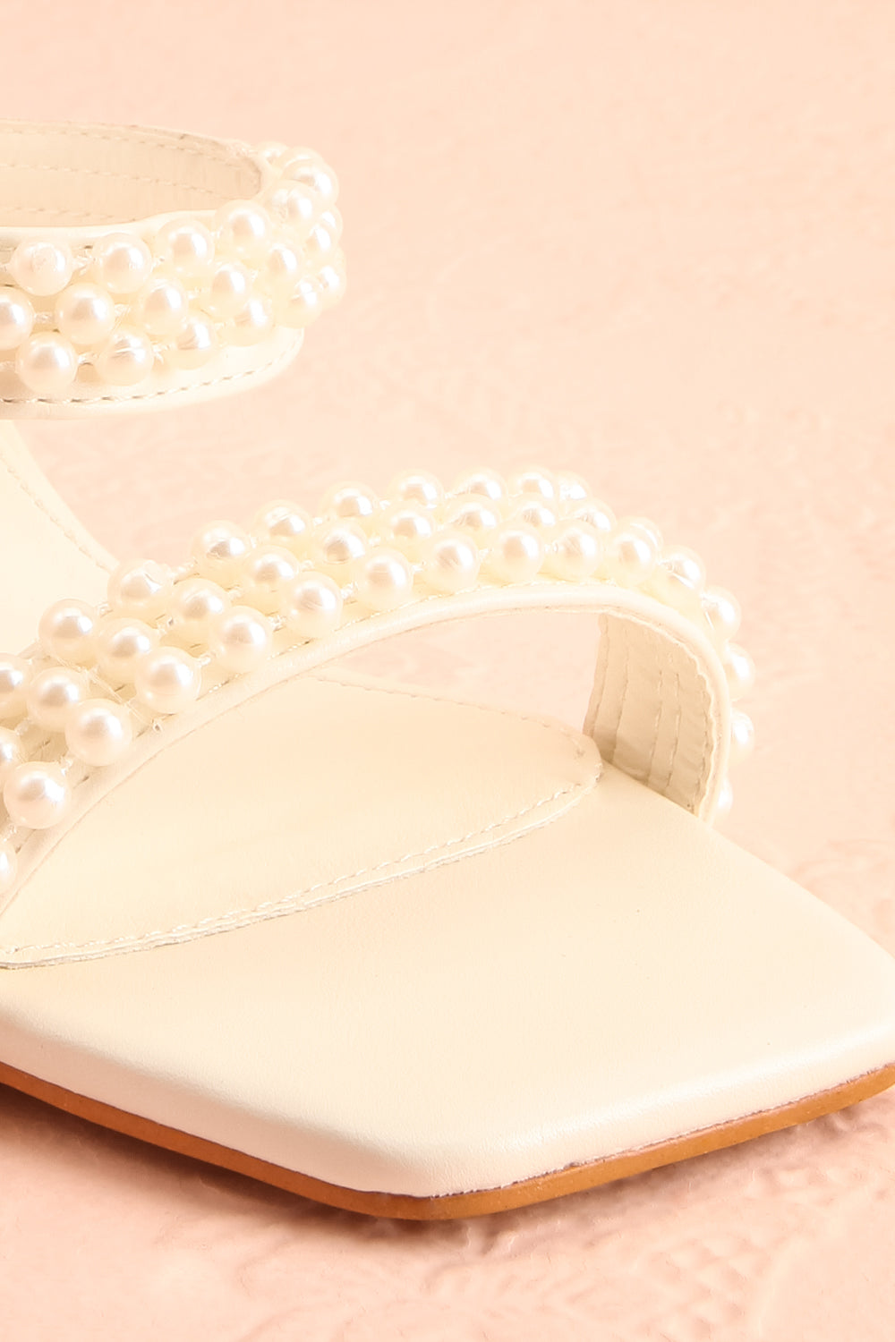 Kyraline White Strappy Sandals w/ Pearls | Boudoir 1861 front close-up