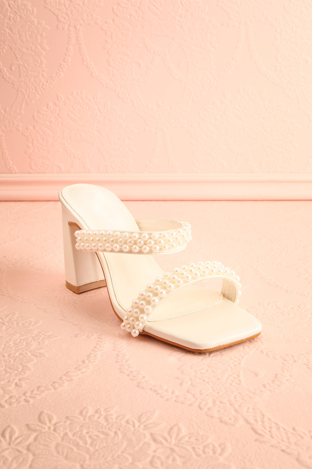 Kyraline White Strappy Sandals w/ Pearls | Boudoir 1861 front view