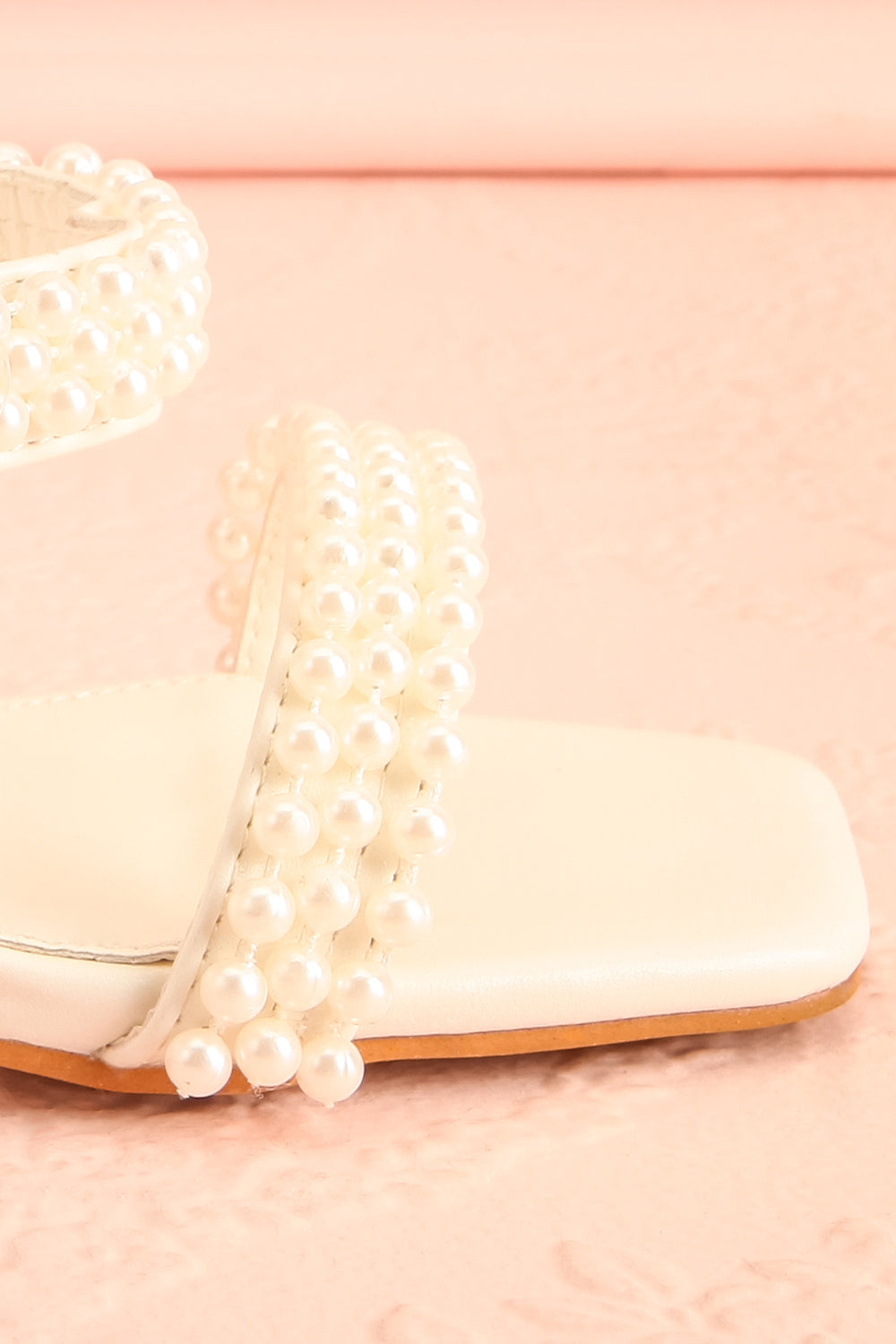 Kyraline White Strappy Sandals w/ Pearls | Boudoir 1861 side front close-up