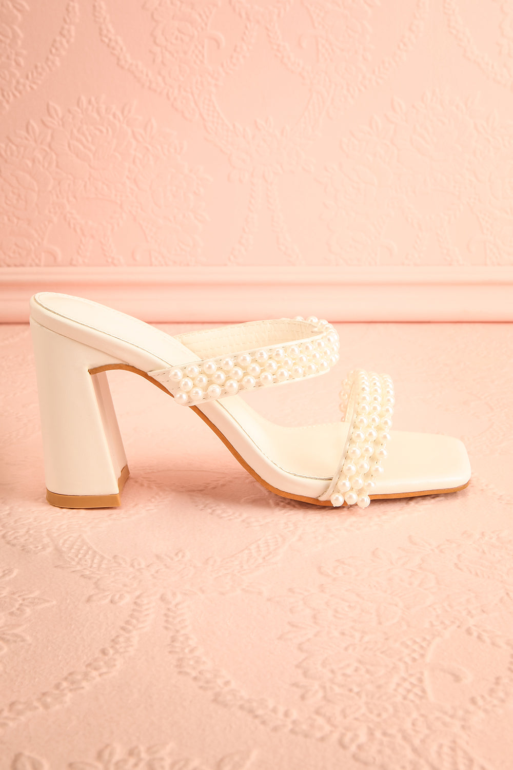 Kyraline White Strappy Sandals w/ Pearls | Boudoir 1861 side view