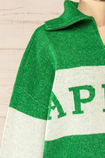 Kyzyl Green Knit Quarter Zip Sweater | La petite garçonne side close-up