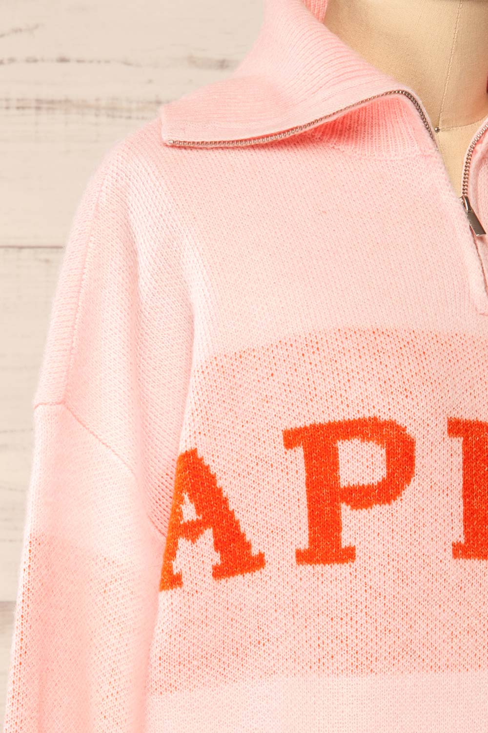 Kyzyl Pink Knit Quarter Zip Sweater | La petite garçonne side close-up