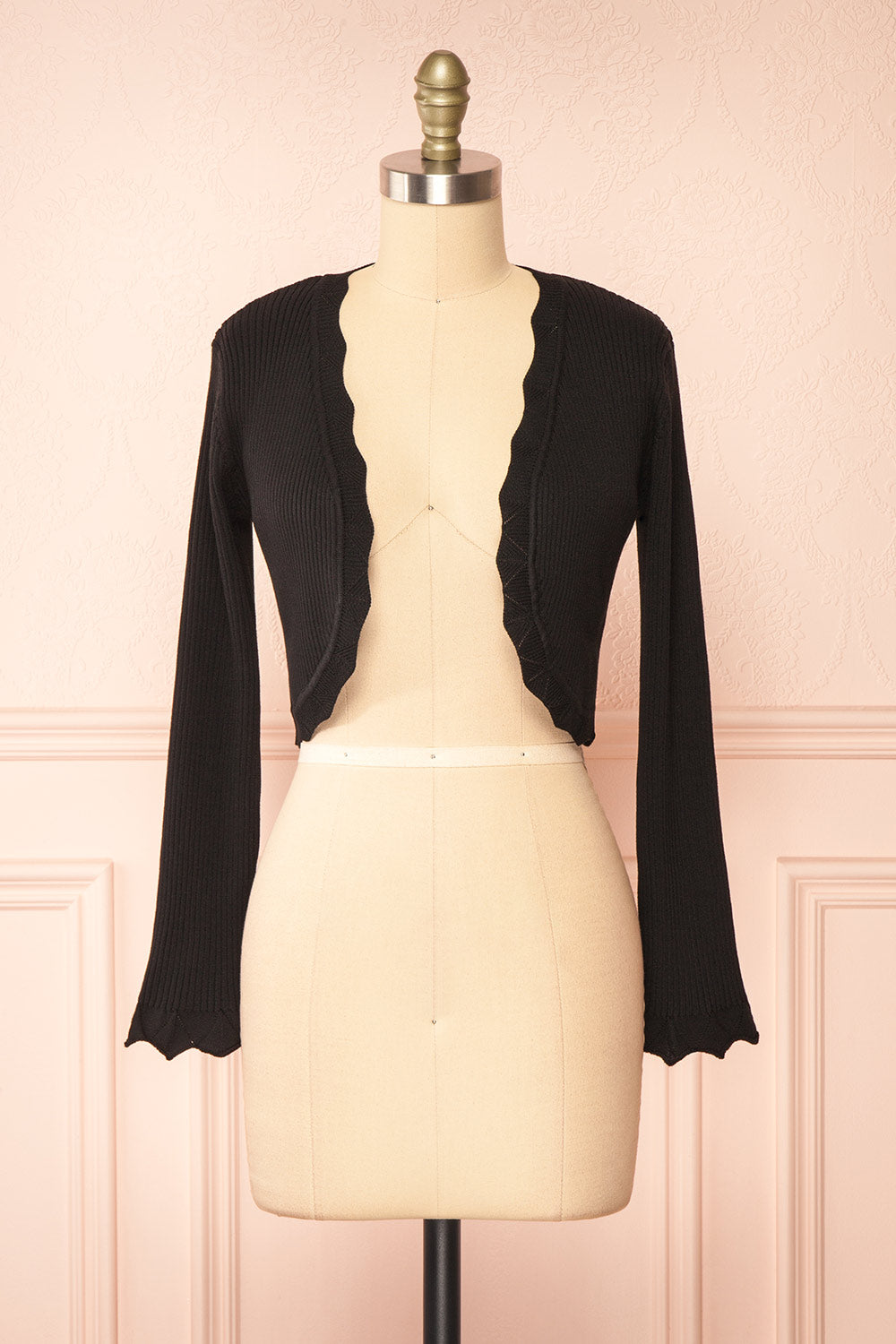 Lacey Ribbed Black Cropped Cardigan | Boutique 1861  front view