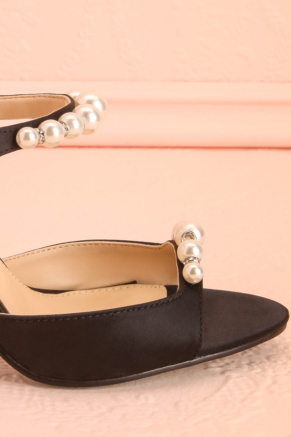 Lacie Black Satin Pearl Strappy Heels | Boudoir 1861 front close-up