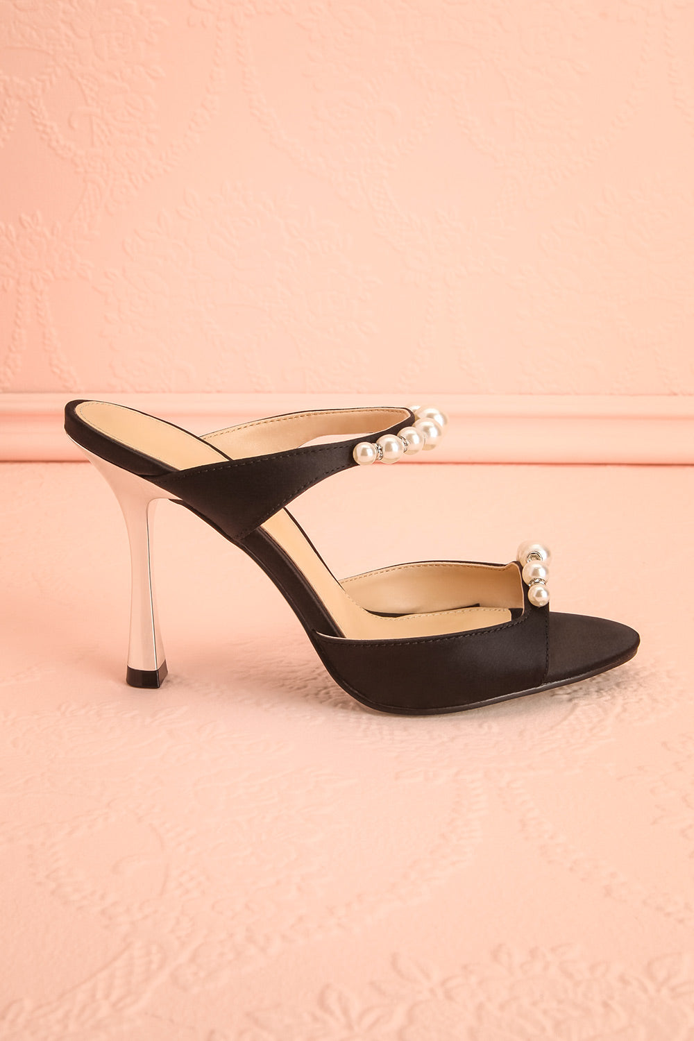 Lacie Black Satin Pearl Strappy Heels | Boudoir 1861 front