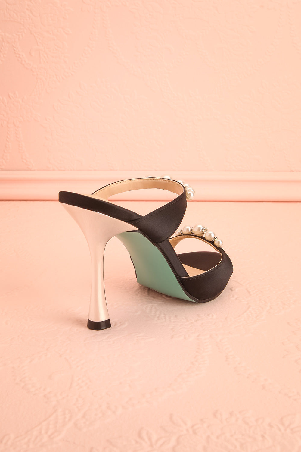 Lacie Black Satin Pearl Strappy Heels | Boudoir 1861 back view