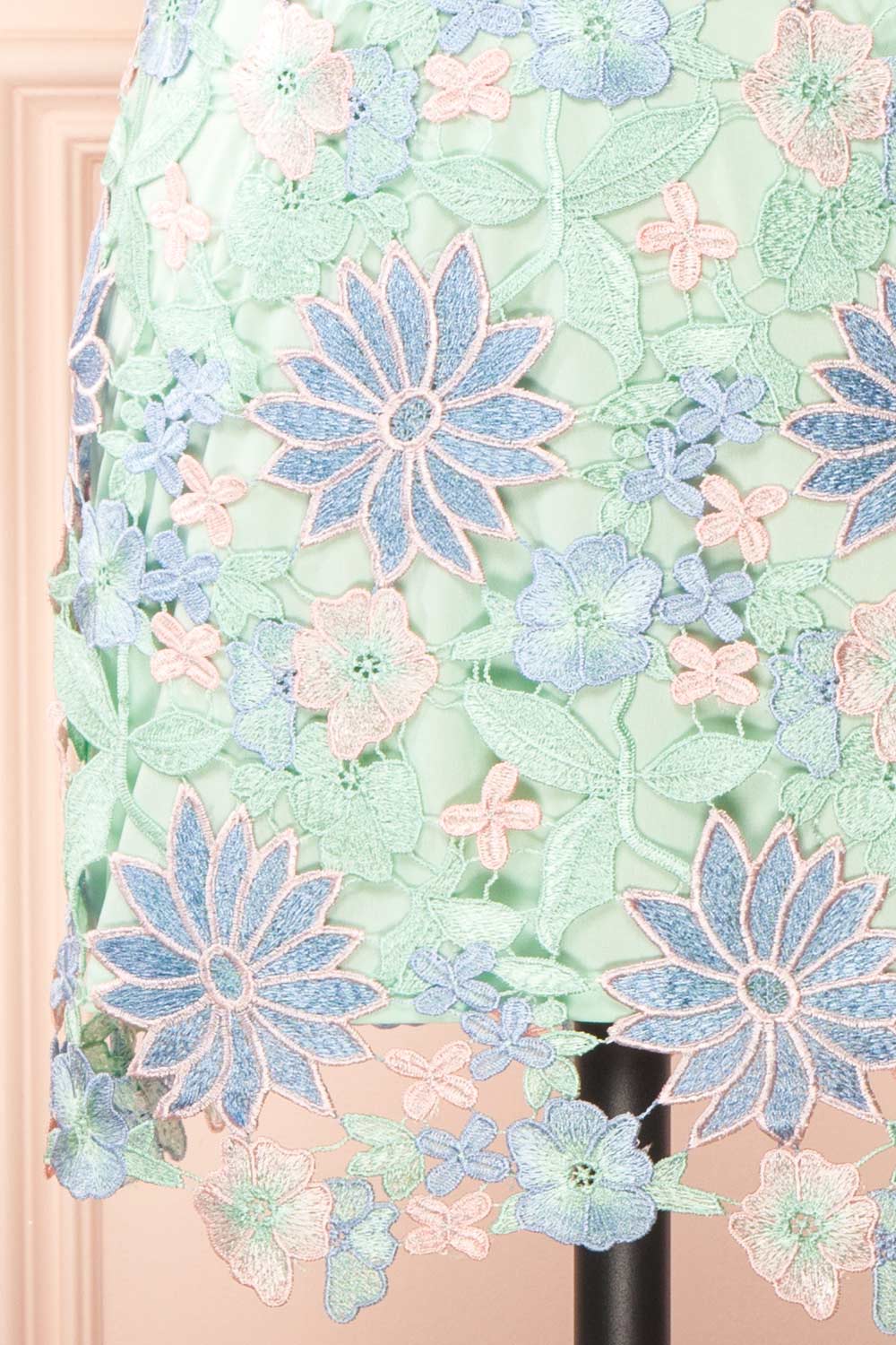 Lacrymonia Short Teal Floral Lace Dress | Boutique 1861 bottom close-up