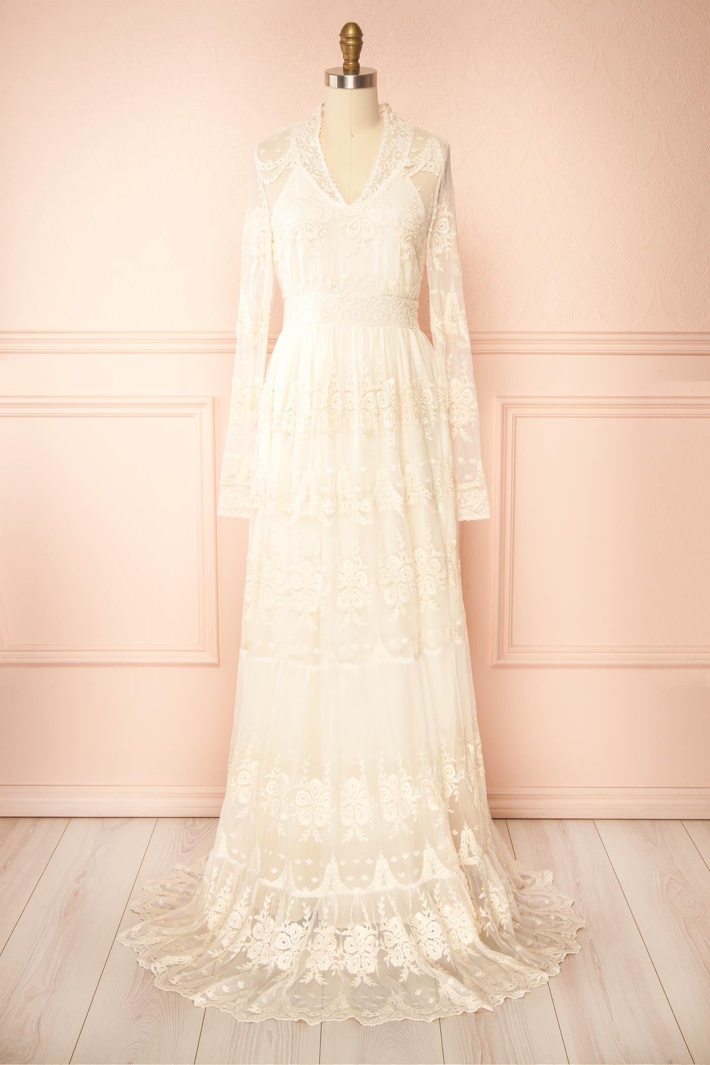 Laddia Cream Floral Lace Maxi Bridal Dress with Long Sleeve | Boudoir 1861 front view