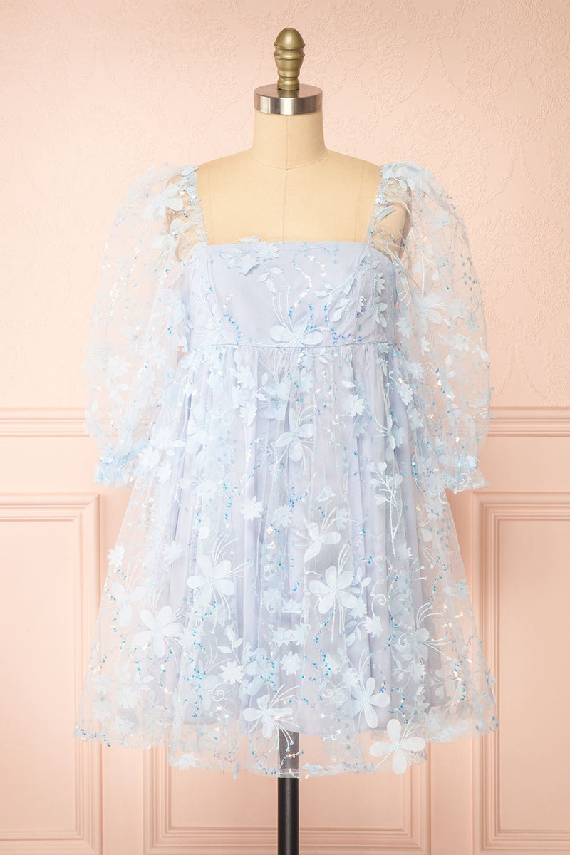 Laeticia Blue Babydoll Dress w/ Floral Appliqués