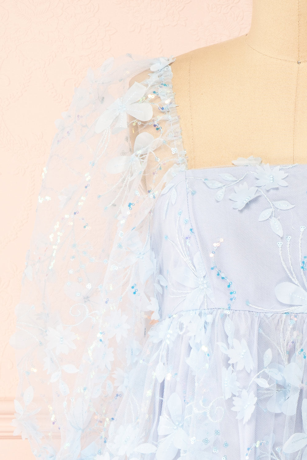Laeticia Blue Babydoll Dress w/ Floral Appliqués | Boutique 1861 front