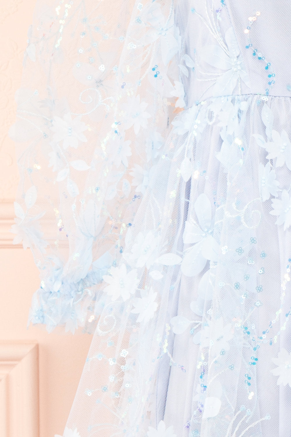 Laeticia Blue Babydoll Dress w/ Floral Appliqués | Boutique 1861 sleeve