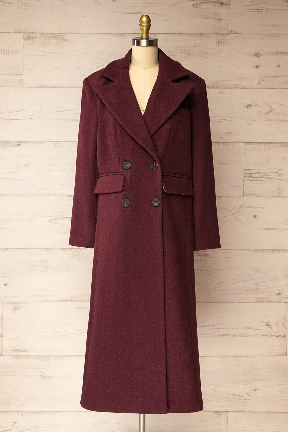 Lagos Long Burgundy Coat with Lapel Collar | La petite garçonne front view