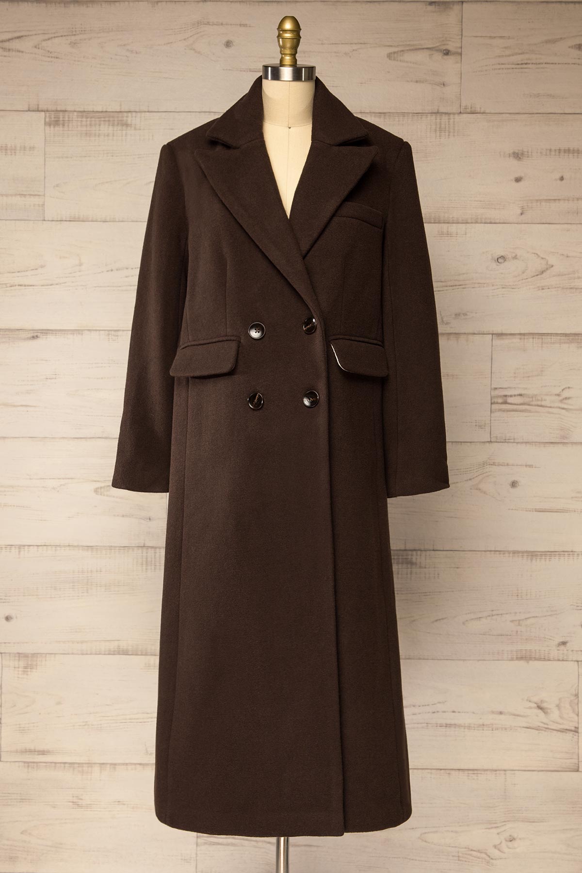 front view of Lagos Brown Long Double-Breasted Coat with Lapel Collar at La petite garçonne
