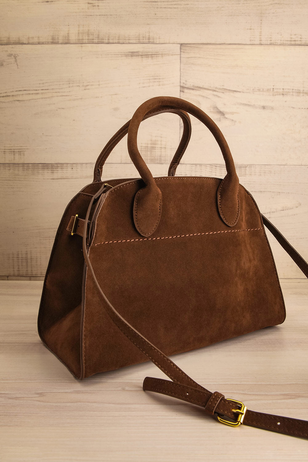 Lakey Light Brown Faux Suede Handbag | La petite garçonne strap