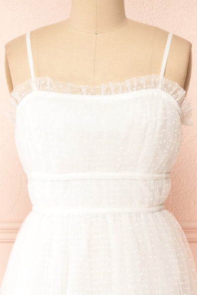 Lalatiana White Tulle Midi Dress w/ Polka Dots | Boudoir 1861 front close-up
