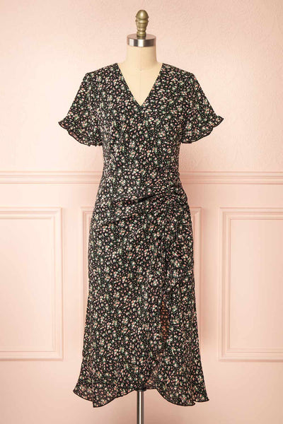 Lalisa Black Midi Dress w/ Floral Pattern | Boutique 1861 front view