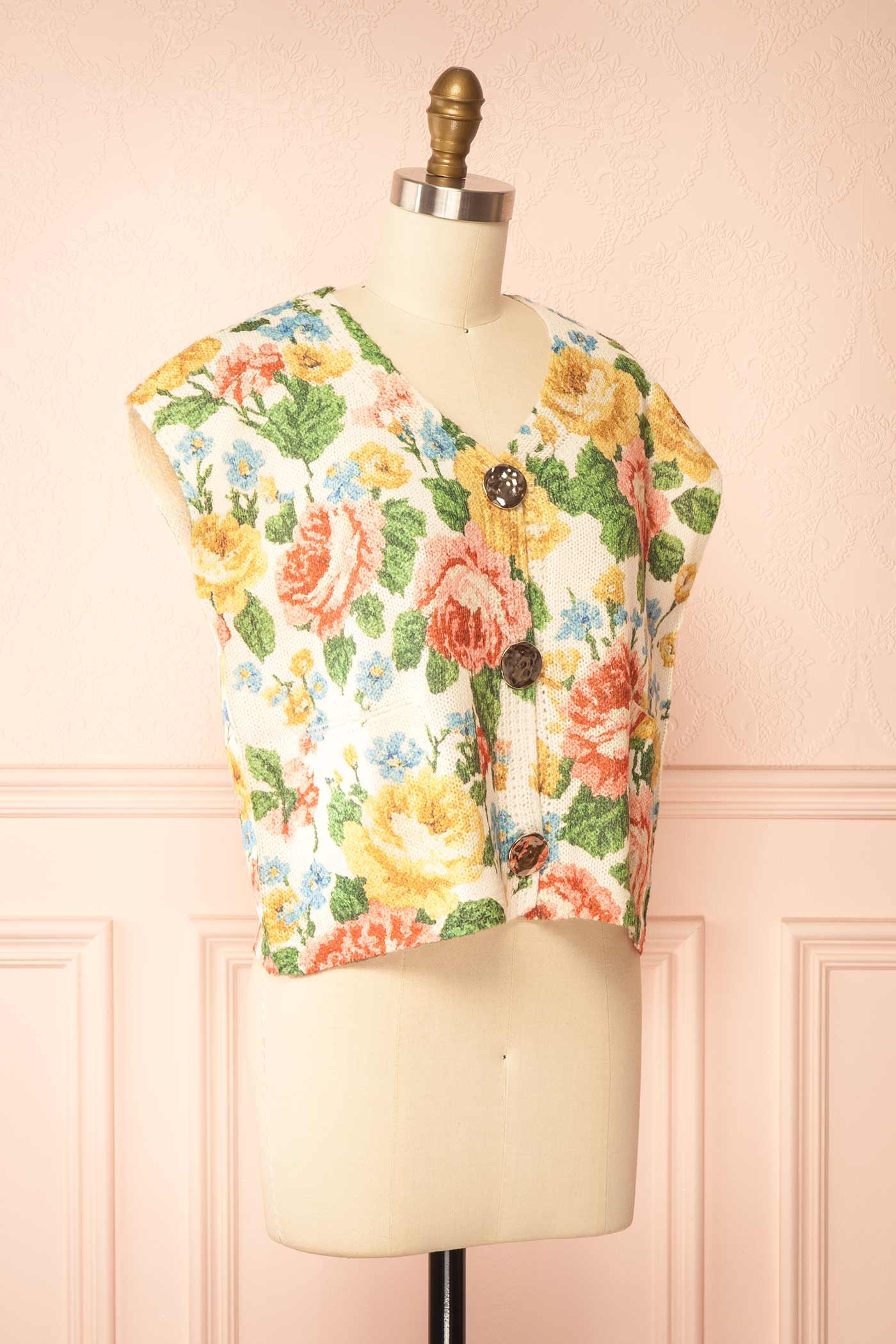Lallia | Floral Print Button-Up Knit Vest Top