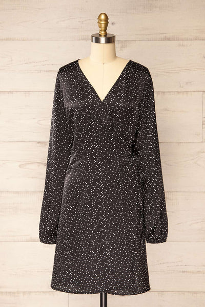 Langon Black Short Dotted Wrap Dress | La petite garçonne front view