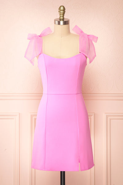 Laraina Short Fitted Pink Dress w/ Tie Ribbon Straps | Boutique 1861 front view