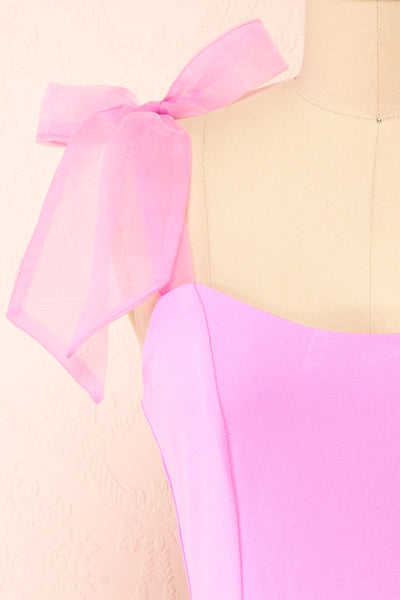 Laraina Short Fitted Pink Dress w/ Tie Ribbon Straps | Boutique 1861 front close-up