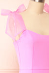 Laraina Short Fitted Pink Dress w/ Tie Ribbon Straps | Boutique 1861 side close-up