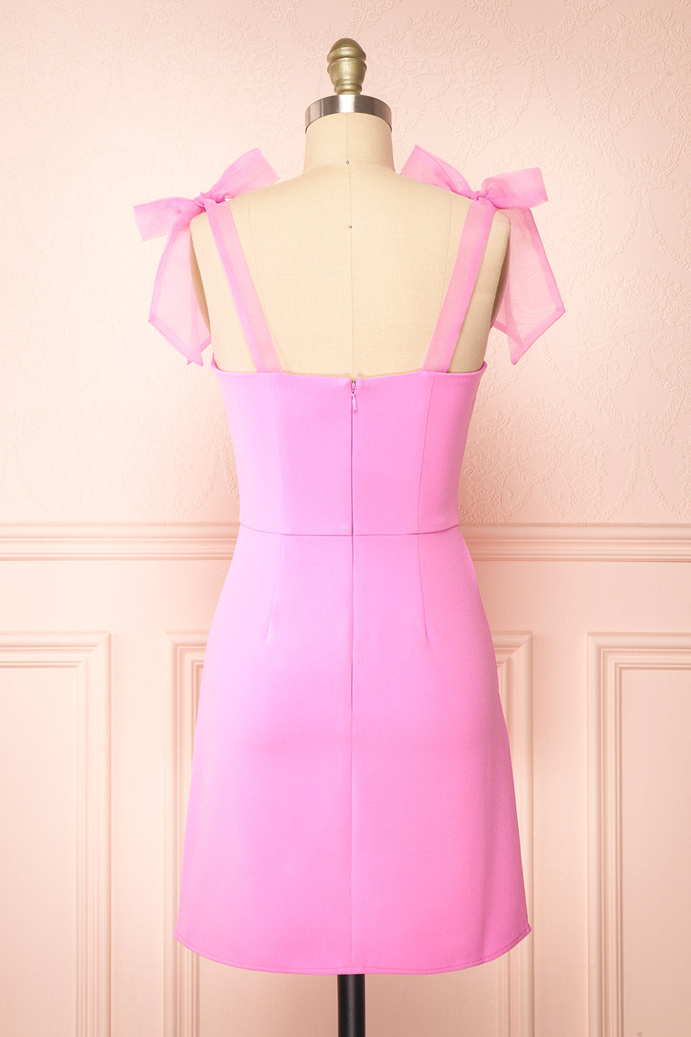 Laraina Short Fitted Pink Dress w/ Tie Ribbon Straps | Boutique 1861 back view