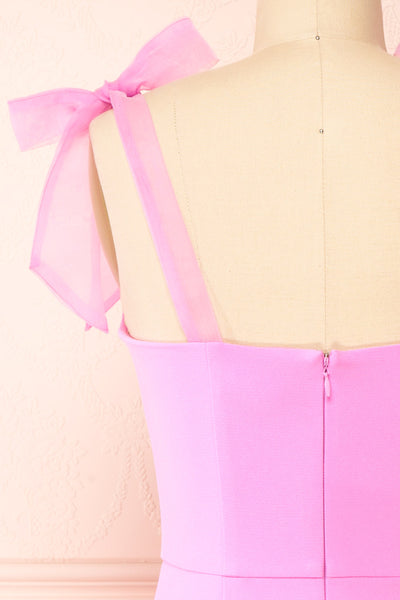Laraina Short Fitted Pink Dress w/ Tie Ribbon Straps | Boutique 1861 back close-up