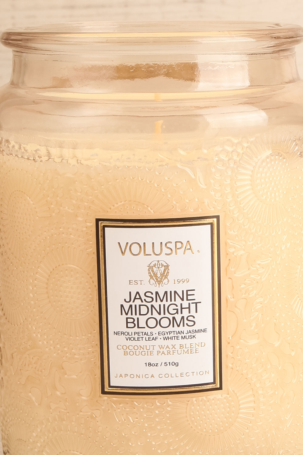 Jasmine Midnight Blooms Large Jar Candle by Voluspa | Maison garçonne open close-up