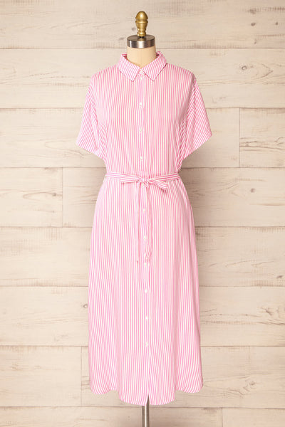 Latresne Pink Stripes Buttoned Midi Shirt Dress | La petite garçonne front view