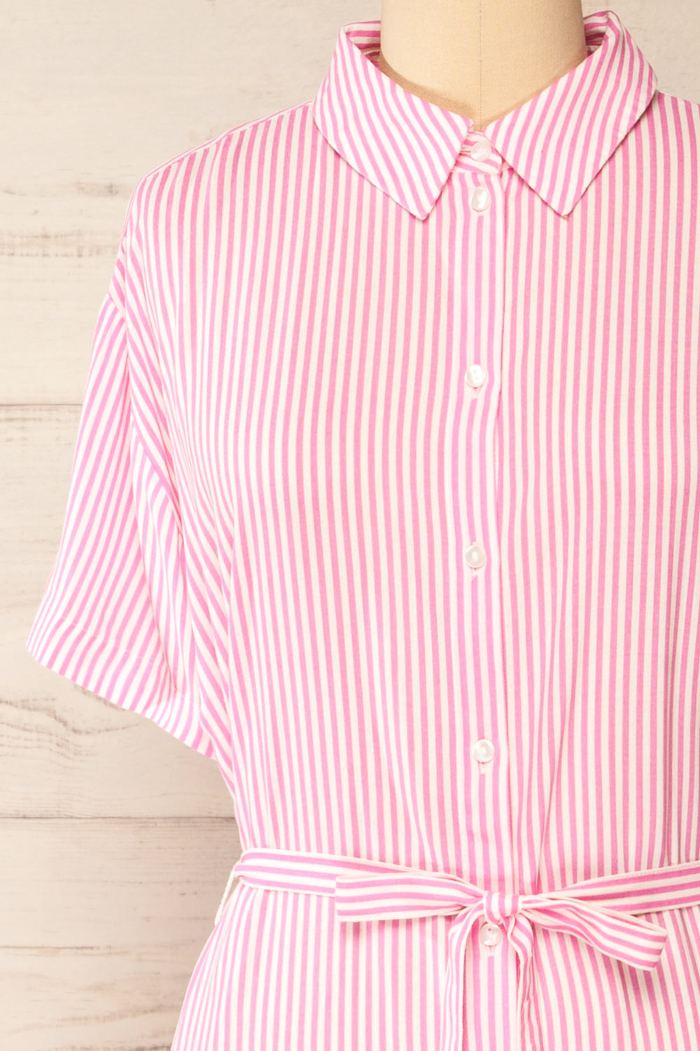 Latresne Pink Stripes Buttoned Midi Shirt Dress | La petite garçonne front close-up